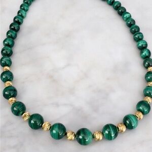 Malachite Beaded Statement Necklace | Green Stone Gold Tone Spacers